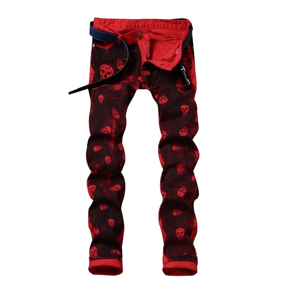 SOLD LAMCORD Red Black Skull Slim Fit Skinny Jeans - Picture 3 of 8